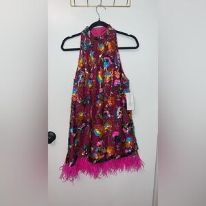 Halter Sequin Mini Dress with Feather Hem - Magenta
